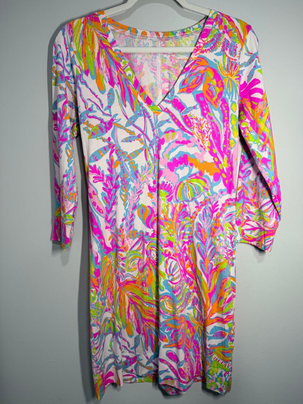 Lilly Pulitzer Christie Dress Scuba to Cuba Med Pima Cotton V Neck Bright Colors